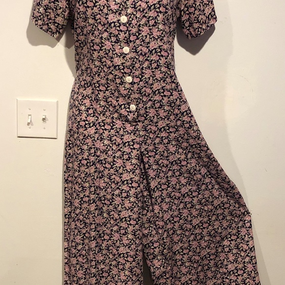 VTG 90s Calico Floral Gauchos Wide Leg Culottes Lace Collar Cottagecore Jumpsuit - Picture 2 of 8